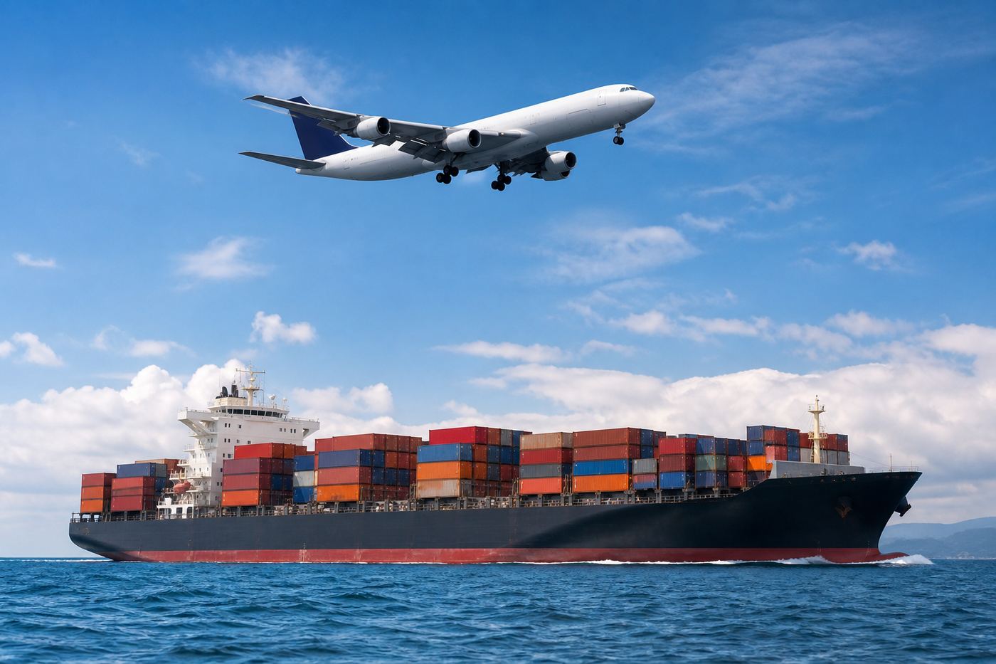 Cargo airplane flying above a container ship at sea