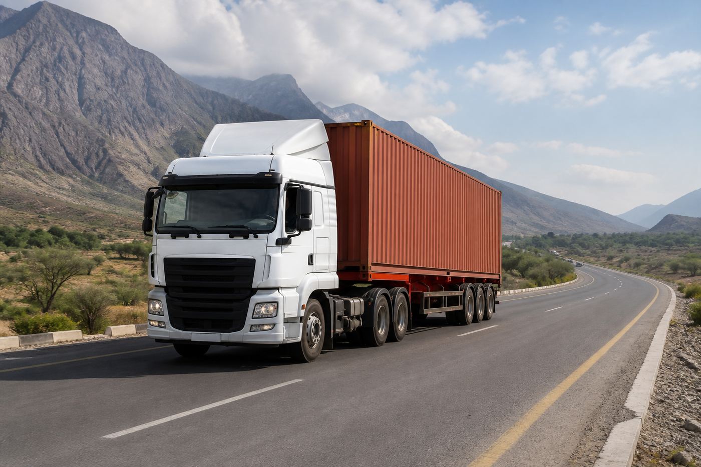 Container cargo truck travelling on a cross-border road